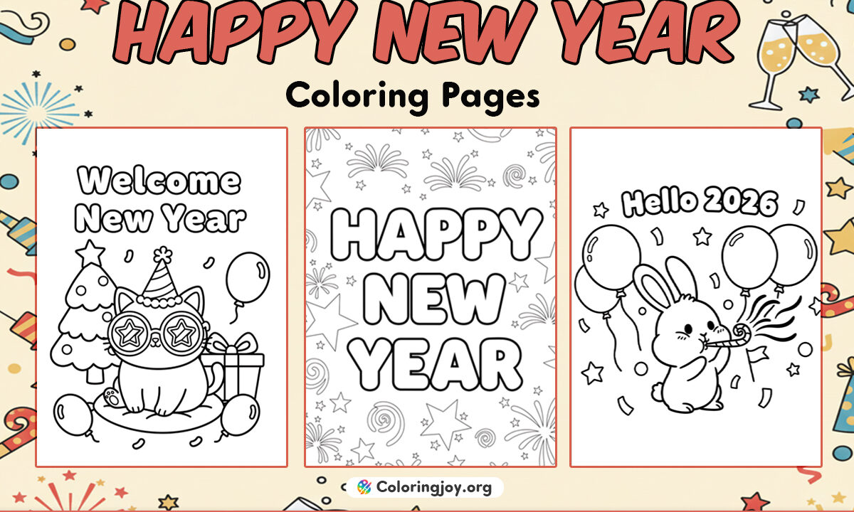 happy new year (2026) coloring pages - (free pdf printables)